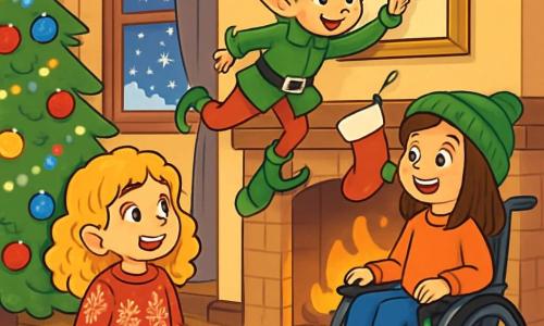 There are 3 characters: Maddie, an 8-year-old girl with curly golden hair, wearing a red sweater with snowflake patterns. She is sitting on the carpet, her eyes sparkling with curiosity, watching the mischievous elf. Jo, a 9-year-old girl with smooth brown hair, is sitting in a wheelchair decorated with fairy lights. She wears a green hat and a bright smile, ready to have fun. The Mischievous Elf is a small elf with fair skin, pointed ears, and green tinsel hair. He wears a bright green coat and red pants, standing on the mantelpiece with a mischievous look, holding a red pom-pom in his hand. The scene takes place in a cozy living room decorated for Christmas. A large tree sparkles with colorful lights and shiny ornaments. The fireplace crackles softly, surrounded by Christmas stockings. Snowflakes gently fall outside, creating a magical winter landscape through the window. The main situation shows Maddie and Jo, amazed, watching the Mischievous Elf as he prepares to place a red pom-pom on a golden frame hanging above the fireplace, while laughter and magic float in the air.