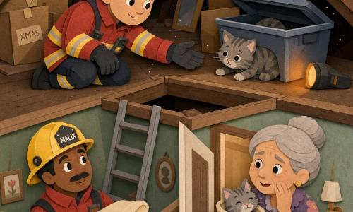 A firefighter named Eli, round-faced with a calm smile, yellow helmet slightly askew and red jacket with reflective stripes, kneels by an attic hatch reaching toward a small gray tabby cat, looking reassured and focused; a secondary firefighter, Malik (about 30), brown-skinned with a thin mustache, stands on the landing under the hatch holding a soft blanket at the base of the ladder and smiling encouragingly; Mrs. Bell (about 60), gray hair in a bun and wearing a floral dress, stands in the hallway near the attic door cradling the cat wrapped in the blanket, relieved and moved; the attic is a small sloped space with brown wooden beams, floating dust like glitter, stacked boxes and a large plastic crate ajar with a tail peeking out, lit partly by a dim orange flashlight glow; the main scene shows Eli rescuing the cat from the corner of the plastic box under soft light and warm contrast, with calm, attentive gestures and an atmosphere of safety and relief.