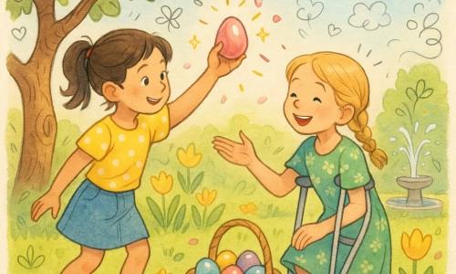 Two girls around eight: a brown-haired girl in a yellow polka-dot tee and denim skirt stands left on tiptoe, reaching into low apple tree branches to hand a shiny pink Easter egg to a right-side blonde girl with braided hair on thin crutches wearing a green floral dress who crouches slightly with a colorful basket of bright eggs beside her; bright spring garden with green grass, yellow tulips and daffodils, a gnarled apple tree hung with glossy eggs, painted stones and a small sparkling fountain, blue sky with doodle clouds; warm, collaborative scene with vivid colors, golden gleams on the eggs, pink petal confetti, soft illustrative style with rounded outlines, light watercolor textures and small joyful doodles (arrows, hearts, stars).