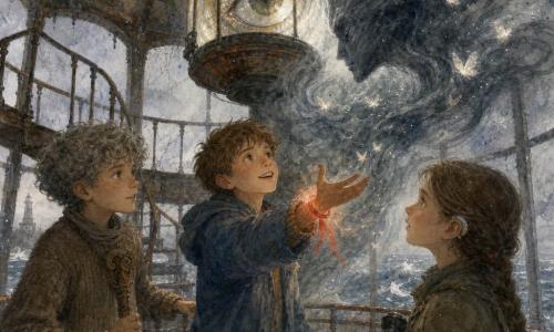 Three 9-year-olds in a lighthouse lantern room: Milo, chestnut short hair, oversized blue coat, a thin glowing red ribbon tied to his wrist, stands center and reaches into a dark mist; Ava, long brown braid, small silver hearing aid, khaki jacket, stands right clutching an unlit flashlight and watches; Jonas, graying curls, carved wooden cane, ragged sweater, stands left hand on the railing, cautious and protective. The round tower room has salt-streaked, cobwebbed windows, rusty metal steps, and a hanging glass lantern; outside a grey sea and thick fog seep through the joints. A large shape of dark mist formed of swirls and small luminous 