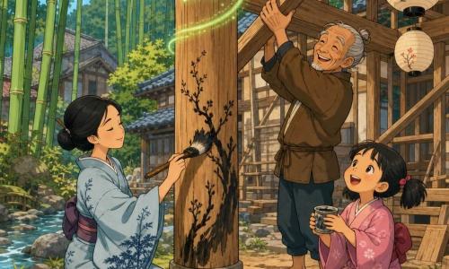 Akiko, serene and focused with smooth black hair in a bun, wears a pale blue kimono with ink patterns and delicately paints a central wooden pillar with a large brush; a small luminous kodama spirit, like stardust with round kind eyes, dances near the top leaving a trail of green light; an elderly smiling man of about 65 in a simple brown jacket lifts a beam to Akiko’s left, helping rebuild the house; a girl of about eight with pigtails in a pink kimono holds a small paint pot and watches in wonder near a pile of tools; the setting is a Japanese village courtyard by a stream with packed-earth ground, tall green bamboo, and a partially rebuilt wooden house with exposed beams and hanging paper lanterns; the scene shows a warm, colorful communal reconstruction, clear contours and soft colors in the style of Franco-Belgian comics.