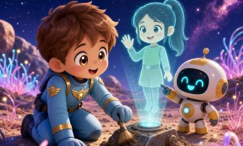 Captain Leo, smiling and awed, bright-eyed with short brown hair in a light-blue space suit with gold insignia, kneels to dust off a small antique device on the ground; his companion robot Sparky, small and round with a white body, yellow accents, and a cheerful LED display, points at the device from just behind him; a translucent hologram of a roughly 10-year-old girl with a gentle face, ponytail, and simple pale-green outfit appears above the device, smiling and raising her hand; they stand on a planet of pink and blue luminescent grasses and small silver stones beneath a deep starry sky with purple nebulae on the horizon as Leo and Sparky discover an ancient transmitter hidden in the vegetation and the girl's hologram activates, creating a warm, magical scene of curiosity and soft light.