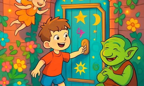 Een 6-jarig jongetje, genaamd Tommy, met rommelig kastanjebruin haar en sprankelende nieuwsgierige ogen, staat voor een oude houten deur versierd met felle kleuren en mysterieuze symbolen. Zijn gezicht straalt grote opwinding en een vleugje verwondering uit. Naast hem vliegt een kleine fee met glinsterende vleugels, ongeveer 10 jaar oud, met goudkleurig haar en een jurk van bloemblaadjes, vrolijk om hem heen en zachtjes lachend. Een oude troll, ongeveer 50 jaar oud, met groene huid en ondeugende ogen, zit op een steen en zingt een zachte melodie, met een welwillende glimlach op zijn gezicht. De plek is een smal, schaduwrijk steegje, vol kleurrijke planten en fonkelende lichtjes die in de lucht dansen. Oude bakstenen muren zijn bedekt met klimop en stralende bloemen, wat een magische en uitnodigende sfeer creëert. Tommy, verwonderd, opent de mysterieuze deur, klaar om een fantastische wereld binnen te gaan, terwijl de fee en de troll hem enthousiast aanmoedigen, wat een scène vol magie en avontuur creëert.