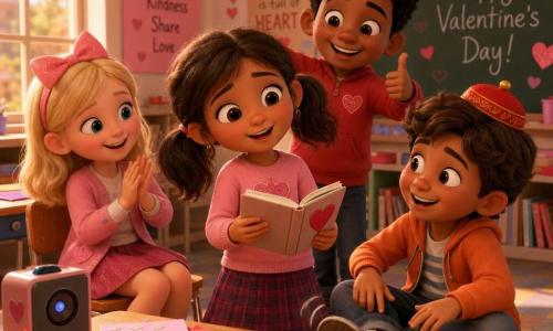 Luna, niña de 8 años, feliz y algo tímida, cabello castaño en dos coletas, sostiene un cuadernito abierto y canta suavemente, inclinada como ofreciendo la canción; a su derecha, Nico, niño de 8 años, travieso y alegre, cabello castaño claro, sentado en el suelo con una mandarina sobre la cabeza y marcando el ritmo con el pie; a la izquierda, Vera, niña de 8 años, amable y sonriente, rubia con un lazo rosa, aplaude sentada; detrás de Luna, Tomás, niño de 8 años, entusiasta, cabello negro y pecas, levanta el pulgar; ambiente de aula decorada para San Valentín con guirnaldas de corazones, mesas con cartulinas, lápices, pegatinas y un altavoz; luz cálida de la tarde entra por la ventana, expresiones de apoyo, atmósfera tierna y alegre, estilo 3D de película animada con texturas mates y detalles de papel y tela.