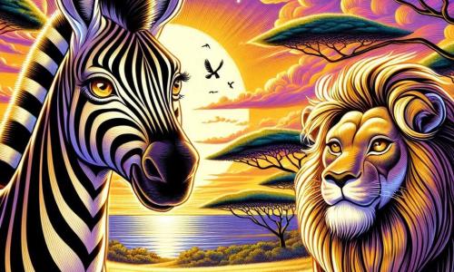 In het midden van de afbeelding staat Zuri, een jonge vrouwelijke zebra, trots met haar glanzende zwart-witte strepen onder de ondergang van de zon. Haar ogen stralen van opwinding en vastberadenheid terwijl ze in de verte kijkt naar een grote glinsterende meer. Aan haar rechterkant staat Kiongozi, een majestueuze mannelijke leeuw, met een nobele houding, zijn gouden manen die zachtjes in de wind waaien. Hij kijkt naar Zuri met een welwillende blik, klaar om haar te helpen. Op de achtergrond is het landschap een uitgestrekte gouden savanne, bezaaid met acaciabomen met heldergroene bladeren, en de lucht is een mengeling van warme kleuren, van roze tot paars, terwijl de zon aan de horizon ondergaat. De hoofdscène toont Zuri, de zebra, die moedig Kiongozi, de leeuw, aanspreekt en hem vraagt om toestemming om zijn territorium over te steken om het grote meer te bereiken, wat haar verlangen symboliseert om de schoonheid van de wereld om haar heen te verkennen.