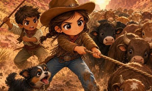 Junge Cowgirl, entschlossen und ausdrucksvoll, rundes Gesicht, große glänzende Augen, Sommersprossen, brauner Filzhut, abgenutzte Lederjacke, staubige Jeans, mit schlammigen Knien zieht sie an einem Seil, um ein feststeckendes Kalb zu befreien; ein etwa 12‑jähriger Junge mit kurzen braunen Haaren und einfachem Treiberkluft schlägt links hinten mit einem Stock den Boden, angestrengter Blick; kleiner, wuscheliger Rüde bellt beschützend an ihren Füßen; mehrere rundliche Rinder und ein junges braunes‑schwarzes Kalb stehen und liegen um sie; enge Schlucht aus roten Felsen, kantige Steine, gelb getrocknetes Gras, halb bewölkter Himmel mit tief stehendem Sonnenscheibe, aufgewirbelter Staub um die Hufe; Nachmittagsszene, spannungsgeladene Rettung, gespanntes Seil, arbeitende Muskeln, goldenes Licht; farbenfroher Stil mit dicken Strichen, klaren Konturen, weichen Texturen und empathischen Blicken, Komposition zentriert auf die Cowgirl.
