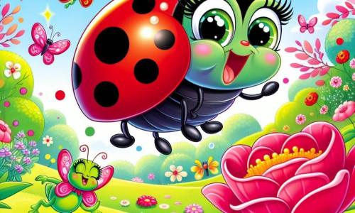 Uma pequena joaninha chamada Lúcia, com um corpo vermelho vivo salpicado de manchas pretas, voa alegremente sobre um jardim colorido, suas antenas vibrantes mostrando seu entusiasmo. Ela tem grandes olhos brilhantes que expressam sua curiosidade e felicidade enquanto descobre o mundo ao seu redor. Ao lado dela, uma pétala de rosa cantando, com tons de rosa vibrantes e sorrisos alegres, dança no ar, acrescentando um toque de magia à cena. Ao fundo, um sapo verde vivo, com olhos redondos e uma expressão alegre, salta em torno de uma pequena lagoa, suas patas ágeis criando respingos de água. O jardim está repleto de flores de todas as cores, borboletas voando e um céu azul claro, criando uma atmosfera encantada. A cena principal mostra Lúcia e seus amigos dançando juntos, celebrando sua amizade e a magia do jardim.