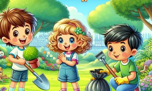 Em um parque verdejante, três crianças estão em plena ação. Lucas, um menino de sete anos com cabelo castanho bagunçado e um grande sorriso, segura uma pá e observa com entusiasmo uma pequena planta que acabou de plantar. Ao lado dele, Ana, uma menina de cabelo cacheado e dourado, usa luvas de jardinagem e aplaude alegremente, com os olhos brilhando de orgulho. Pedro, um menino com cabelo curto e preto, está agachado, recolhendo lixo em um saco de lixo, com uma expressão determinada no rosto. O parque está repleto de árvores majestosas, flores coloridas e um céu azul radiante, com algumas nuvens brancas flutuando. Pássaros cantam nos galhos e borboletas dançam ao redor das crianças, acrescentando um toque de magia à cena. As crianças trabalham juntas para limpar o parque e plantar árvores, demonstrando seu compromisso com a ecologia e a proteção da natureza. A atmosfera é alegre e cheia de energia, ilustrando a importância de cuidar do nosso planeta.