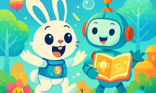 Bunnybot, un coniglietto bianco con orecchie blu, salta gioiosamente nel grande Parco delle Idee, con occhi brillanti di eccitazione e un sorriso radioso. Indossa un gilet futuristico con luci scintillanti. Accanto a lui, Pixelina, una maestra-robot dalle forme morbide e colorate, ha un volto sorridente e braccia articolate che gesticolano con entusiasmo. Tiene un grande libro luminoso ed è pronta a condividere idee meravigliose. Il parco è pieno di fiori cantanti dai colori vivaci, lanterne fluttuanti che cambiano colore e piccoli robot che giocano. Alberi con tronchi di vetro scintillante si ergono verso un cielo blu brillante, punteggiato di nuvole a forma di caramelle. La scena mostra Bunnybot e Pixelina mentre scoprono un'invenzione incredibile, circondati da bolle di energia luminosa che fluttuano intorno a loro, illustrando l'incanto e la magia della creatività in questa città futuristica.