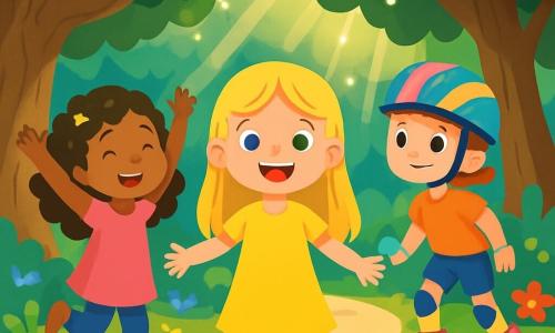 Er zijn 3 personages: - Noor: Een 8-jarig meisje met lang blond haar en sprankelende ogen. Ze draagt een heldergeel jurk en glimlacht vrolijk, staande in het midden van de afbeelding. - Lila: Een 7-jarig meisje met bruine krullen en fonkelende sterren in haar haar. Ze draagt een roze tuniek en danst om Noor heen met haar armen in de lucht. - Emma: Een 9-jarig meisje met kort haar en een kleurrijke fietshelm. Ze staat op haar rolschaatsen, klaar om vooruit te gaan, iets achter Noor aan de rechterkant. De locatie is een betoverd bos met grote bomen met knoestige stammen en stralend groene bladeren. Overal groeien kleurrijke bloemen, en een pad van glinsterende stenen slingert door het struikgewas. Zonnestralen filteren door de takken en creëren lichtflitsen in de lucht. De hoofdactie toont de drie meisjes vastberaden om de verloren kleuren van Regenboogdorp terug te vinden. Noor glimlacht moedig, Lila danst vrolijk, en Emma is klaar om te vertrekken, samen op avontuur.