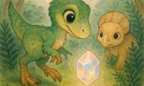 Ein junger, lebhafter Velociraptor mit kurzen smaragdgrünen Federn und ockerfarbenen Punkten, großen glänzenden Augen und einem staunend‑leicht entschlossenen Ausdruck, nach vorn über den moosigen Boden geneigt, eine Kralle erhoben, als wolle er den Kristall berühren; dahinter ein kleiner, runder, schüchterner Protoceratops mit beigefarbener Panzerung und runden Augen, den Kopf schräg und die Pfoten in den Farnen verankert, der den Kristall vorsichtig beobachtet; ein faustgroßer, durchsichtig schwebender Kristall mit irisierenden Regenbogenreflexen über einem glatten Kiesel, der einen sanften Lichtschein und ein feines Summen aussendet, sichtbar durch kleine funkelnde Partikel; Schauplatz: eine feuchte Lichtung umgeben von dunkelgrünen Farnen und verwachsenen Stämmen, der Boden mit weichem Moos und kleinen weißen Blumen bedeckt, im Hintergrund rauchende Berge und ein pfirsichfarbener Himmel; Haupthandlung: der Velociraptor entdeckt den über dem Kiesel schwebenden Kristall, ruhige, magische Szene, zentrale Komposition auf den drei Elementen mit warmer Atmosphäre und zarten Aquarelldetails.