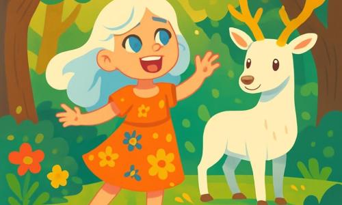 Una joven llamada Naira, con cabello brillante como la luna y ojos de un profundo azul, se encuentra al borde de una fuente resplandeciente. Expresa determinación y alegría, con una sonrisa radiante. Naira lleva un vestido ligero con motivos florales que danza con el viento. A su lado, un majestuoso ciervo blanco con cuernos dorados la observa, sus ojos llenos de sabiduría y bondad. El escenario es un hermoso bosque encantado, con árboles de troncos gruesos y hojas vibrantes de verde y oro. Flores coloridas bordean el camino y rayos de sol filtran a través del follaje, creando destellos de luz en el suelo. Naira canta con pasión, su voz resonando en el aire, mientras el agua de la fuente comienza a brillar y burbujear, despertando el río dormido. La atmósfera es mágica, llena de colores vivos y una dulce melodía, evocando un momento de transformación y esperanza.