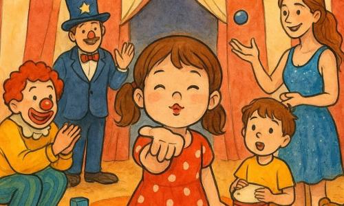 Lina, una bambina di 4 anni al centro della scena, sorridente e commossa, capelli castani raccolti, vestito rosso a pois bianchi, manda un grande bacio col mano al pubblico; a sinistra Pino, un clown adulto con capelli rossi e naso tondo, accovacciato, ride e applaude con scarpe grandi lucide; a destra Mia, una giocoliera di circa 25 anni in abito di paillettes blu, tiene una piccola palla lanciata dolcemente a Lina; dietro Lina Sam, un bimbo di 6 anni, tiene un tamburo rosso, sorpreso e felice; sullo sfondo il direttore con un grande cappello stellato saluta vicino all'entrata del tendone; il chapiteau è accogliente con grandi tendaggi rosso e bianco, lanterne sospese che diffondono luce soffusa, un tappeto arancione circolare e alcune scatole colorate e un orsacchiotto-tigre decorativo: un momento di festa e tenerezza mentre Lina riceve gli applausi.