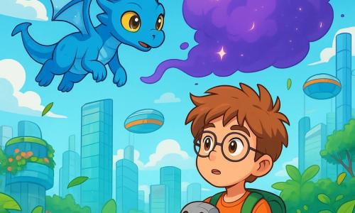 Luma, un piccolo drago blu dagli occhi dorati brillanti, vola entusiasta nel cielo, con le sue ali trasparenti che scintillano al sole. Ha un'espressione curiosa e determinata, pronto a esplorare l'ignoto. Accanto a lui, Sam, un giovane ragazzo dai capelli arruffati e occhiali rotondi, osserva la nuvola viola con un'espressione di meraviglia e preoccupazione. Tiene un piccolo robot di metallo tra le mani, in piedi su un tetto di vetro, circondato da piante verdi e colorate. Il luogo è una città futuristica, con grattacieli di vetro che si ergono verso il cielo, giardini pensili pieni di fiori vivaci e capsule fluttuanti che circolano tra gli edifici. La scena principale mostra Luma e Sam di fronte alla misteriosa nuvola viola che si avvicina lentamente, emettendo luci scintillanti, mentre il vento fa danzare le foglie degli alberi intorno a loro.