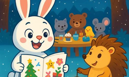 Bianchino, un coniglio con grandi orecchie bianche e occhi brillanti di gioia, è in piedi al centro della scena, tenendo un grande quaderno aperto pieno di disegni colorati. Il suo viso esprime un'eccitazione contagiosa, con un ampio sorriso e guance rosa. Alla sua destra, Riccio, un piccolo riccio con aculei dorati e occhi furbi, guarda Bianchino con ammirazione, tenendo una lanterna di carta illuminata. La scena si svolge in una piazza incantevole nel bosco, illuminata da ghirlande di luci scintillanti appese ai rami degli alberi. Animali di diverse specie si riuniscono attorno a un grande tavolo, decorato con dolci e bevande colorate, mentre fiocchi di neve cadono dolcemente dal cielo stellato. Bianchino e Riccio stanno preparando una grande festa di Capodanno, circondati dai loro amici, condividendo idee e sognando progetti per l'anno a venire.