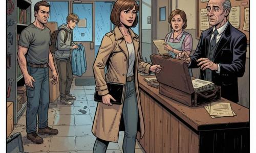 Detective mujer de unos 35 años, mirada decidida y serena, pelo castaño corto en un corte práctico, abrigo beige ligeramente arrugado, cuaderno negro en la mano; abre de un tirón el armario de limpieza y observa la escena con una sonrisa profesional y ojos penetrantes. Hombre mayor (don Roque, ~60 años), rostro arrugado, traje oscuro impecable, corbata apretada, maletín de cuero abierto sobre el mostrador, expresión sorprendida y culpable, manos inmóviles sobre los papeles. Técnico de mantenimiento (Julián, ~40 años), camiseta gris manchada de aceite, manos ásperas, gira la cabeza hacia el maletín con ira e incredulidad, junto a una estantería de herramientas a la izquierda de la detective. Joven (Nico, ~20 años), capucha gris y mochila, rostro tímido y sonrojado, retrocedido junto a cajas en el pasillo, mirando al suelo donde una pequeña huella de barro gris conduce a la puerta. Portera (Inés, ~50 años), vestido sencillo y delantal, manos sobre el mostrador, rostro aliviado pero cansado, detrás de la recepción observando la escena. Otro vecino (Mateo, ~25 años), ropa informal, sostiene una camisa azul grande doblada y acaba de recoger un viejo documento amarillento del mostrador, mostrando el papel con emoción y esperanza. Vestíbulo antiguo del edificio con suelo de baldosas gastadas y húmedas, caseta con mostrador de madera pintada, tablón de anuncios manchado, caja metálica de herramientas abierta con una llave fija dentro y lluvia visible en la puerta de cristal trasera. Situación: confrontación tranquila tras el hallazgo de la llave y el documento por la detective; tensiones y expresiones marcadas sin violencia, composición centrada en la detective y el maletín abierto, líneas del pasillo y contraste de colores cálidos con reflejos azulados de la lluvia.