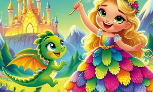 Una princesa llamada Valeria, de aproximadamente 8 años, con largos cabellos dorados y un vestido de pétalos de flores multicolores, se encuentra en el centro, con los ojos brillantes de emoción y una radiante sonrisa en su rostro. A su lado, un pequeño dragón verde, amigable y travieso, con escamas brillantes y grandes ojos curiosos, vuela en el aire, listo para ayudarla. Al fondo, se alza majestuosamente un castillo dorado, rodeado de montañas verdes y nubes esponjosas. La escena transcurre en un claro encantado, donde flores coloridas bailan al ritmo del viento. Valeria, decidida y alegre, empuña su varita de luz, lista para proteger su reino del ladrón de la corona mágica.