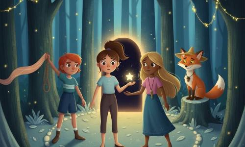 Hay cuatro personajes: Luna, niña de unos 10 años, cabello castaño en cola, ojos grandes y preocupados, en el centro con una pequeña estrella brillante en la palma; Vera, niña de ~10 años, pelo corto y pelirrojo, gesto decidido, a la izquierda sosteniendo una cuerda alzada; Mar, niña de ~10 años, pelo largo y rubio, sonrisa suave, a la derecha sujetando la mano de Luna y una pequeña flauta de bambú colgada del cuello; y un zorro guía llamado Brinco, pelaje rojizo, ojos pícaros, con una hoja-sombrero y una bellota al cuello, ligeramente atrás sobre una tocona mirando con ternura. Lugar: un bosque susurrante estilizado — senda de hojas plateadas, árboles altísimos de troncos texturados, luciérnagas amarillas como guirnaldas, claro circular con un anillo de piedras luminosas y una puerta de sombra negra enmarcada por luz suave. Situación: las tres niñas acaban de abrir la Puerta de la Noche; Luna sostiene la estrella encendida mientras las otras la apoyan; la atmósfera es a la vez misteriosa y reconfortante, con sombras suaves como paños y la luz de la estrella proyectando reflejos cálidos en los rostros; composición centrada, colores ricos (azules profundos, verdes abeto, acentos dorados).