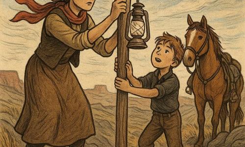 Mara, a determined yet gentle-faced woman with focused eyes and a tan hat showing a small inner patch and a red scarf blown by the wind, plants a wooden post into rocky ground with calloused hands, dusty boots, a practical dress and vest and a solid, reassuring stance; beside her stands about ten-year-old Toby, breathless and wide-eyed, messy hair, in stable-boy clothes holding the post base and watching the lantern to be hung; behind them the chestnut horse Juniper with a white forehead mark, worn saddle and saddlebags of extra lanterns, ears alert and hooves on the rock; setting: Windy Ridge’s craggy gray stones and yellow grass tufts, red mesas on the horizon and a bright sky with low streaked clouds; focal object: a tin lantern hanging and gently swaying with clear glass, rope and a fabric protector, small ring of stones at the post base; mood: strong wind lifting scarves and grass, fine dust sparkling in warm late-afternoon ochre, rust and gray tones contrasted by the red scarf and shiny metal.