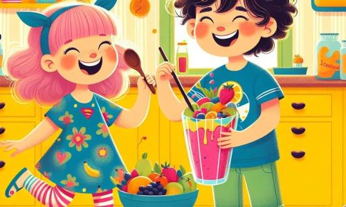 A 7-year-old boy, Leo, with curly, tousled hair, joyfully smiles while holding a large glass of colorful smoothie filled with fresh fruits. He wears a blue t-shirt with a superhero design and mismatched socks, reflecting his vibrant personality. Next to him is Mia, a 7-year-old girl with pink pigtails, laughing as she holds a wooden spoon, ready to mix ingredients in a bowl. She is wearing a floral dress and colorful sandals. In the background, a bright and welcoming kitchen can be seen, with yellow walls, shelves filled with cookbooks, and fresh fruits on the counter. The scene depicts Leo and Mia preparing a smoothie together, surrounded by laughter and good cheer, illustrating the theme of friendship and creativity in the face of challenges.