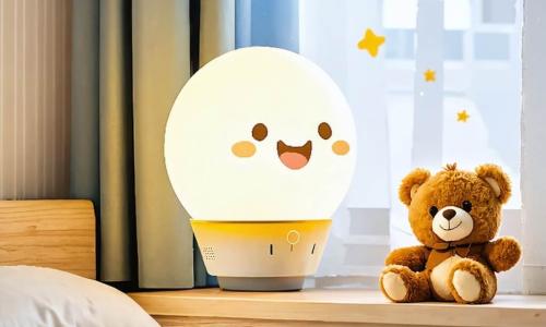 Een kleine bolvormige lamp, met een zachte gouden gloed, straalt in het midden van de scène en toont een blije en zelfverzekerde uitdrukking. De ronde lijnen en de warme gloed creëren een uitnodigende sfeer. Naast de lamp zit een schattige teddybeer met een bruine vacht en sprankelende ogen, die breed glimlacht met open armen, alsof hij de lamp aanmoedigt. Hij zit op het bed, omringd door kleurrijke kussens, en lijkt vol energie en vreugde. Een groene plant met glanzende bladeren, geplaatst op het bureau, leunt iets naar de lamp toe, waarbij de ritselende bladeren haar enthousiasme verraden. Ze heeft een vriendelijke en aanmoedigende uitdrukking, alsof ze de moed van de lamp applaudisseert. De scène speelt zich af in een warme kinderkamer, met pastelgekleurde muren, fonkelende sterren aan het plafond en speelgoed verspreid over de vloer, wat een magische en troostende sfeer creëert. De lamp, omringd door zijn vrienden, verlicht de kamer met zijn zachte licht en beseft dat hij speciaal en belangrijk is om het moment vrolijk en feestelijk te maken, terwijl zijn vrienden hem aanmoedigen om te stralen.