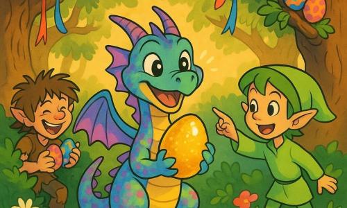 Un piccolo drago di nome Fiammetta, dalle squame iridescenti color arcobaleno e ali sottili, sorride tenendo tra le zampe un grande uovo d'oro scintillante; dietro di lei a destra c'è Lumino, un elfo minuto dalla pelle chiara e capelli corti verdi con una veste leggera, gioioso e che indica altri uova nascoste tra i rami; a sinistra un folletto birichino, piccolo con capelli arruffati e abiti a toppa, tiene mani piene di uova colorate nascondendosi in un cespuglio; la scena è una radura di foresta incantata punteggiata di fiori primaverili, alberi ampi con nastri colorati e raggi di sole dorati che filtrano tra le fronde, atmosfera gioiosa, colori vivaci e luce calda.
