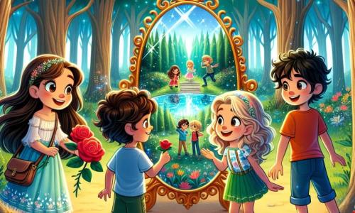 En un claro de bosque mágico, cuatro amigos están juntos. A la izquierda, **Clara**, una niña de 10 años con largos cabellos castaños y ojos brillantes, sonríe sosteniendo una rosa roja. Junto a ella, **Lucas**, un niño de 11 años con cabello rizado y una camiseta azul, mira fascinado un gran espejo encantado. Un poco más atrás, **Sofía**, una niña de 9 años con cabello rubio y gafas redondas, observa un lago cristalino con curiosidad. Finalmente, a la derecha, **Mateo**, un niño de 10 años con cabello negro y un pantalón corto verde, juega con niños imaginarios, construyendo un castillo de arena. El claro es luminoso, rodeado de árboles majestuosos que se elevan hacia el cielo, con hojas brillando como estrellas al sol. Un lago azul refleja el cielo, creando una atmósfera mágica. La situación principal muestra a los cuatro amigos descubriendo sus verdades interiores, cada uno explorando una lección de vida única, inspirados por la magia del paisaje que los rodea.