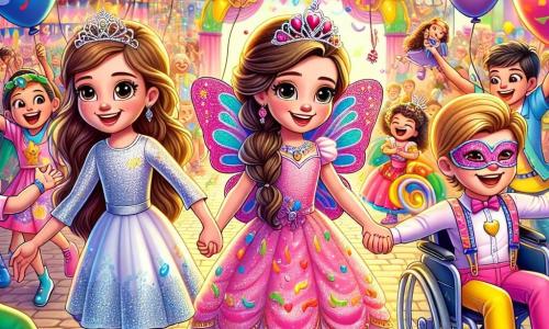 Tre amici, due ragazze e un ragazzo, si trovano al centro di una piazza animata. Sofia, una ragazza di 8 anni, ha lunghi capelli castani e indossa un costume di farfalla colorato, con ali scintillanti. Alla sua destra, Giulia, una ragazza di 7 anni, sfoggia un bel vestito da principessa rosa, con una corona luccicante in testa. A sinistra, Marta, un ragazzo di 9 anni in sedia a rotelle, è travestito da eroe dei cartoni animati, con una maschera e un mantello vibrante. La scena si svolge in una grande piazza di carnevale, piena di colori vivaci, palloncini fluttuanti e decorazioni festive. I tre amici, sorridenti e pieni di energia, si tengono per mano, pronti a cercare palloncini perduti per aiutare il clown, circondati da un'atmosfera di gioia e amicizia.