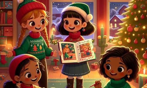 En una acogedora casa decorada para Navidad, vemos a cuatro chicas alegres. Sofía, una niña de nueve años con grandes ojos marrones y cabello rizado, sostiene un álbum hecho a mano con una gran sonrisa, de pie en el centro. A su derecha, Carla, otra niña de nueve años con cabello rubio trenzado, lleva un gorro navideño rojo y mira el álbum con asombro. A la izquierda, Ana, también de nueve años, tiene cabello castaño y lleva un suéter verde con un patrón de árbol de Navidad, sosteniendo un plato de galletas navideñas en forma de estrellas. Finalmente, Lucía, una niña de nueve años con cabello negro y liso, está sentada en el suelo, rodeada de crayones de colores, dibujando ilustraciones alegres para el álbum. La escena transcurre en una sala cálida, donde las paredes están adornadas con guirnaldas luminosas y un gran árbol de Navidad decorado brilla en una esquina, iluminado por bolas de colores y estrellas doradas. Una chimenea arde suavemente, añadiendo un ambiente acogedor. Las chicas se han reunido para regalarle a la abuela de Sofía un álbum de recuerdos lleno de dibujos y cartas, celebrando el espíritu navideño y el amor de la amistad.