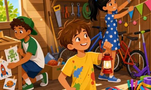 Tomás, garoto de 10 anos, sorridente e sonhador, cabelos castanhos bagunçados, camiseta amarela com manchas de tinta, segura uma pequena lanterna vermelha e mostra orgulhoso um canto arrumado do toldo; Mariana, cerca de 12 anos, cabelos pretos em rabo de cavalo, vestido azul de bolinhas, pendura guirlandas coloridas na parede do toldo; João, cerca de 11 anos, cabelos cacheados castanhos, boné verde, cola desenhos numa caixa de madeira à esquerda do grupo; local: toldo de madeira iluminado por raios de sol entre as tábuas, com bicicletas, patinetes, caixas de papelão, ferramentas e uma mesa manca com fitas e canetas; cena: momento alegre e caloroso de decoração do cantinho pessoal de Tomás, clima de verão, cores vivas e objetos dispersos (balão, caderno, prendedor de roupa).