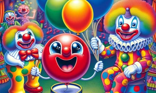 Al centro dell'immagine, un piccolo palloncino rosso di nome Poppy, con un grande sorriso e occhi scintillanti, fluttua gioiosamente nell'aria, circondato da colori vivaci. Ha braccia di filo di ferro che si estendono verso gli altri personaggi, mostrando il suo entusiasmo e la sua determinazione ad aiutare. A destra, un clown con capelli ricci e multicolori, che indossa un naso rosso e una grande camicia a pois, ride di cuore mentre tiene una grande palla blu. Il suo viso è illuminato da un ampio sorriso, mostrando la sua felicità di fronte all'avventura. A sinistra, un tamburino blu con grandi occhi brillanti, seduto su un tamburo gigante, batte gioiosamente il tempo, aggiungendo un tocco musicale alla scena. Sembra entusiasta di partecipare alla ricerca delle palle perdute. Lo sfondo è quello di una tendone da circo colorato, pieno di luci scintillanti e decorazioni vivaci. Stelle brillano sopra, e giocattoli danzano intorno, creando un'atmosfera magica e festosa. La scena principale mostra Poppy e i suoi amici clown intenti a cercare palle da giocoleria nella tenda delle meraviglie, circondati da giocattoli animati, tutti uniti in una ricerca gioiosa e piena di risate.