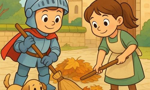 A smiling brave young boy knight with a shiny silver helmet topped by a red plume, light blue armor, short red cape, holding a wooden broom with both hands and sweeping golden leaves; expressive face, large round eyes, gentle smile and determined posture; a nine-year-old girl squire with chestnut ponytail in a simple green dress and apron stands to his right, leaning forward with a large soft broom helping gather a pile of leaves; a small beige mutt named Daisy with a floppy ear and tongue out gently tugs a small branch near the knight’s feet; a shy grey mouse peeks near a lifted leaf; the sunny castle courtyard has pale paving, a mossy stone wall, piles of yellow-orange-brown leaves, some twigs, distant open wooden castle doors and green trees; the scene shows them cleaning together, joyful and collaborative, with warm colors, soft rounded lines, clear contrasts and a composition centered on the characters expressing gentle effort and quiet pride.