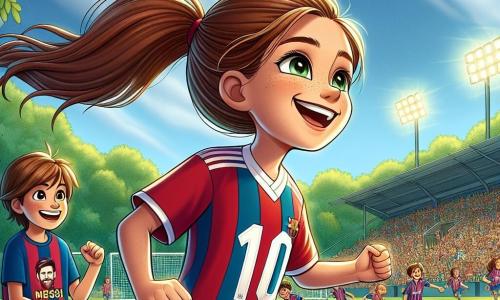 Al centro dell'immagine, Sofia, una ragazza di 12 anni, è rappresentata con lunghi capelli castani legati in una coda di cavallo. Indossa una maglietta da calcio rossa con il numero 10 e un grande sorriso sul volto, mostrando la sua determinazione e gioia mentre dribbla il pallone sul campo. Alla sua destra, Luca, un ragazzo di 8 anni, la guarda con ammirazione, indossando una maglietta di Messi e pantaloni corti blu, con gli occhi che brillano di eccitazione. È seduto su una panchina di legno, pronto a incoraggiare Sofia. Lo sfondo è uno stadio vibrante, pieno di sostenitori con sciarpe e striscioni colorati, con alberi verdi sullo sfondo e un cielo blu brillante. In basso a sinistra, si vede il pallone da calcio che rotola verso Sofia, mentre le compagne di squadra sullo sfondo si preparano ad applaudire. La scena cattura il momento in cui Sofia, piena di energia, si appresta a segnare un gol decisivo, incarnando lo spirito di squadra e la passione per il calcio.