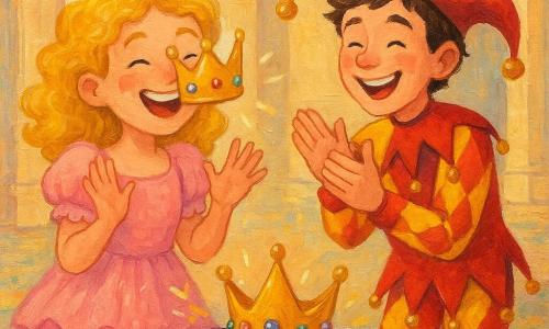 A delighted, laughing princess girl with curly blonde hair in a dusty-pink ruffled dress balances a shiny crown on her nose, eyes squinted and cheeks rosy; Jingle, a boyish jester about 12 in a red-and-yellow harlequin costume with ankle bells, stands to her right clapping and laughing. A golden crown decorated with rainbow pearls rests on a purple velvet cushion and appears to slide, sending comic sparks. The scene is a warm-lit grand palace hall with pale stone walls, a wildflower carpet, sculpted columns and colorful lantern garlands. The mood is joyful and exuberant, motion captured as glowing laughter bubbles around them; palette in pastels with golden highlights and a textured brush to render fabric, velvet and sparkling metal.