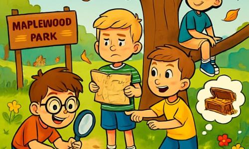 There are four children: Max, a 10-year-old boy with messy brown hair and round glasses, crouching with a magnifying glass and a big smile on his face; Leo, a 10-year-old boy with blond hair and sparkling eyes, standing with crossed arms and a determined look while holding a map; Sam, a 10-year-old boy with black hair and a red cap, sitting on a low branch with his legs dangling, looking dreamy as he imagines treasures; and Ben, a 10-year-old boy with brown hair and freckles, standing next to Max, pointing at the map with a curious expression. The setting is Maplewood Park, a green area with a majestic oak tree at the center, surrounded by falling golden leaves and colorful flowers lining the path. In the background, children are playing and families are picnicking on the grass. The main scene shows the four friends discovering a mysterious hidden treasure, with Max examining a shiny old key with his magnifying glass, Leo unfolding the map, Sam dreaming of hidden treasures, and Ben pointing towards a mysterious path leading into the woods, their faces filled with excitement and adventure.