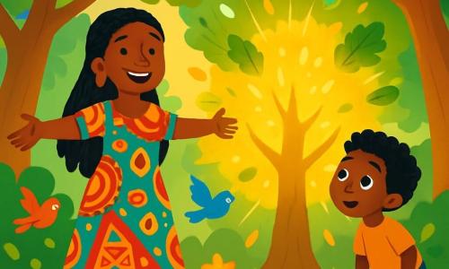 Eine etwa 30-jährige Frau namens Amara steht im Mittelpunkt der Szene, mit einem breiten, warmen Lächeln auf ihrem Gesicht. Sie hat lange, geflochtene schwarze Haare, eine goldene Haut und trägt ein farbenfrohes Kleid mit lebhaften afrikanischen Mustern. Ihre Augen strahlen vor Aufregung und Freundlichkeit, während sie einen großen leuchtenden Baum vor sich betrachtet. Neben ihr beobachtet ein etwa 8-jähriger Junge mit lockigem Haar und neugierigen Augen den großen Baum mit Staunen. Er trägt eine Stoffshorts und ein einfaches T-Shirt und beugt sich leicht nach vorne, fasziniert von der Magie um ihn herum. Der Ort ist ein weitläufiger, grüner afrikanischer Wald, gefüllt mit majestätischen Bäumen, dicken Stämmen und glänzenden Blättern, die von Sonnenstrahlen durchdrungen werden. Bunte Blumen bedecken den Boden, und Vögel mit leuchtendem Gefieder fliegen herum und verleihen dieser magischen Szene Leben. Amara steht mit offenen Armen da und empfängt die Magie des großen leuchtenden Baumes, der in warmem, goldenem Licht strahlt. Der Wind lässt die Blätter um sie herum tanzen und schafft eine verzauberte und fröhliche Atmosphäre.