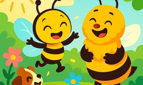 A small joyful bee, Buzz, with shiny wings and a striped yellow body, dances and twirls in the air, a big smile on his face. He is surrounded by colorful flowers with pink, blue, and yellow petals blooming under the bright sun. Next to him, Papa Bee, a larger and sturdier bee with soft, fluffy fur, looks at his son with sparkling eyes of pride and happiness, laughing heartily. Patchy, a small brown and white puppy, sits on the green grass, wagging his tail enthusiastically, applauding Buzz's dance. The scene takes place in a sunny garden filled with vibrant flowers and golden rays of light filtering through the tree leaves. Buzz performs a joyful dance, twirling and swaying, while Papa Bee and Patchy cheer him on with bright smiles, celebrating Father's Day together.