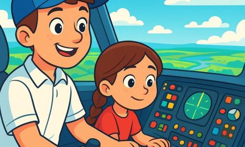 A pilot, Milo, smiling and confident, wearing a blue cap and a white shirt, stands in the cockpit of an airplane. His eyes shine with excitement and determination as he adjusts the controls with skilled hands. Next to him, a young girl, Ana, about 10 years old with braided brown hair, closely observes the flight instruments, fascinated by the bright dashboard. The cockpit is filled with colorful buttons, blinking lights, and a large window offering a spectacular view of a blue sky dotted with fluffy white clouds. In the background, green fields and sparkling rivers can be seen, showcasing the beauty of the landscape below. The main scene shows Milo and Ana piloting the plane, looking focused and joyful as they ascend into the sky, ready for a new adventure together.