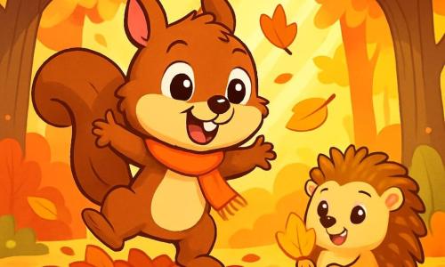 A little squirrel named Chestnut, with soft brown fur and a cream belly, wears a bright orange scarf. He has large, sparkling eyes filled with joy and a beaming smile as he joyfully jumps into a pile of colorful autumn leaves. Next to him, Hazel, a small hedgehog with golden spikes and round eyes, smiles in wonder while holding a golden leaf in her tiny paws. They are in an enchanted forest, where majestic trees are adorned with red, orange, and yellow leaves, and the ground is covered with a carpet of crunchy leaves. The scene radiates happiness and friendship, with rays of sunlight filtering through the branches, illuminating their magical moment of discovery.