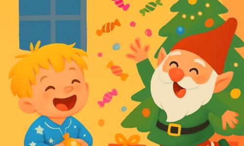 Ein zweijähriger Junge namens Max mit zerzausten blonden Haaren und strahlenden Augen sitzt auf dem Boden und lacht herzhaft. Er trägt einen blauen Schlafanzug mit weißen Sternen und hält eine kleine glänzende Weihnachtskugel in seinen Händen. Neben ihm macht ein schelmischer Elf mit einem langen weißen Bart und einer spitzen roten Mütze Grimassen und wirft bunte Süßigkeiten in die Luft. Das Wohnzimmer ist mit glitzernden Girlanden und einem großen, beleuchteten Weihnachtsbaum geschmückt, um den bunte Geschenke liegen. In dieser magischen Szene hat Max Spaß daran, die herabfallenden Süßigkeiten aufzusammeln, während der Elf fröhlich tanzt und eine festliche, fröhliche Atmosphäre schafft.