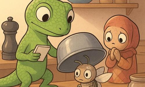 Main character: Detective Moss, a small bright-green gecko with round curious eyes and fine-scaled texture, perched on sticky feet, calm focused expression, gently lifting a small overturned metal bowl with one paw and holding a folded paper notebook in the other. Secondary: Tink, a small biscuit-tin turned metallic "cricket" with paper wings and flour dust on its head, embarrassed and shy, half-hidden beside a saucer of oat-and-honey bites near the lifted bowl. Secondary: Pepper, a round glass-and-metal pepper mill in black and silver with painted eyes that go from shocked to softened, perched on the left edge of the countertop. Secondary: Pippa, a soft patchwork potholder in worn red and beige fabric, hands folded as if holding back emotion, standing to Moss's right ready with a towel. Setting: light wood countertop with oat crumbs and flour trails, a shiny empty honey jar, a folded doily under a bowl, a kitchen tray with spice tins and an overturned mixing bowl, warm golden morning light from a window and long soft shadows. Scene: a tender revelation as Moss discovers Tink under the bowl, a small dish of oats, honey and lemon zest visible, mood shifting from surprise to understanding, centered on the shared emotion between gecko and little creature; colorful style, soft lines and visible textures (wood, metal, fabric, crumbs).