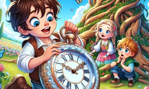 Ein 5-jähriger Junge, Max, mit zerzausten braunen Haaren und großen, staunenden Augen, steht vor einem majestätischen Baum mit knorrigen Wurzeln und hält eine wunderschöne silberne Uhr, die im Licht funkelt. Er lächelt begeistert, voller Aufregung und Neugier. Neben ihm schaut ein 6-jähriges Mädchen, Mia, mit geflochtenen blonden Haaren und einem bunten Kleid, fasziniert auf die Uhr. Ein weiterer Junge, Leo, 5 Jahre alt, mit schwarzen Haaren und runden Brillen, hockt sich neben den Baum und untersucht die Wurzeln mit einem neugierigen Gesichtsausdruck. Der Ort ist ein zauberhafter Garten, voller leuchtender Blumen in allen Farben, mit Schmetterlingen, die um sie herumfliegen, und einem klaren blauen Himmel, der mit flauschigen Wolken bedeckt ist. In der Ferne sind grüne Hügel und ein gewundener Weg, gesäumt von Bäumen, zu sehen. Die Hauptsituation zeigt Max, Mia und Leo, die die magische Uhr entdecken, die sie auf Abenteuer durch die Zeit mitnehmen könnte, voller Staunen und Vorfreude auf das, was sie erwartet.