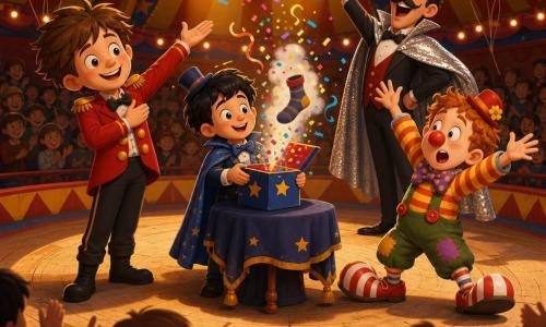Hay cuatro personajes: Leo, un niño de 8 años con cabello castaño despeinado y chaqueta roja con grandes botones amarillos, a la izquierda hace una gran reverencia sonriendo; Sergio, un niño de 7 años, pequeño, con nariz de payaso roja y zapatos grandes a rayas, a la derecha agita los brazos con una mueca cómica; Martín, niño de 8 años con cabello negro, pequeño sombrero azul de mago y capa algo arrugada, en el centro delante de una mesa saca un calcetín y una lluvia de confeti; Don Simón, hombre de unos 40 años con fino bigote y capa de lentejuelas plateadas, en las bambalinas levanta una mano gritando «tadaaa». Lugar: gran carpa de circo a rayas rojas y amarillas, pista circular de madera gastada, focos cálidos creando haces anaranjados, globos coloridos en lo alto y gradas oscuras llenas de siluetas aplaudiendo. Situación: número en el que Martín produce el calcetín y el confeti mientras Leo y Sergio animan con gestos exagerados y Don Simón exclama «tadaaa», ambiente alegre, colores vivos, expresiones exageradas y movimiento dinámico.