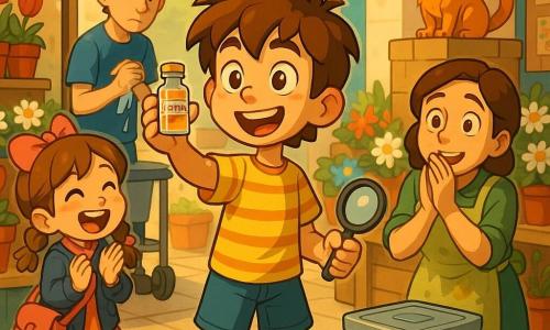 Un niño de 8 años, Leo, sonriente y orgulloso, sostiene un pequeño frasco de vidrio dorado etiquetado “Jazmín” en una mano y una lupa de plástico en la otra; tiene pelo castaño alborotado, camiseta amarilla de rayas finas y rodillas ligeramente raspadas; a su derecha Clara, la vendedora de unos 40 años, con delantal verde manchado de polen, se inclina sobre una mesa de madera con las manos en la boca y mirada aliviada; a la izquierda Nora, una niña de 8 años con una gran lazada rosa en la chaqueta y una bolsita rosa, aplaude mientras da pequeños saltos, con el pelo castaño claro en dos trenzas; detrás, un repartidor joven de 20–25 años con camiseta azul y gorra está junto a un carro, secándose las manos y con gesto contrito; un gato naranja llamado Tomate se sienta en una caja observando la escena desde una pila de cartones; la escena ocurre en un mercado de flores concurrido con puestos de madera, cintas azules, macetas con tulipanes rojos y margaritas blancas, el suelo de baldosas húmedo con pequeñas gotas y cajas apiladas; el momento central muestra el hallazgo del frasco de jazmín en una caja de plástico sobre un carro: Leo lo alza descubierto y todos sonríen aliviados, composición centrada, luz suave de mañana, paleta cálida y texturas visibles de madera, vidrio y telas.