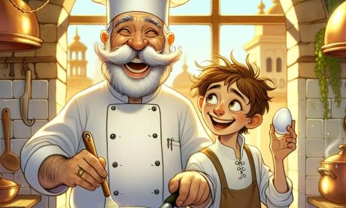 Un chef cocinero, un hombre de unos cincuenta años, con un gran bigote blanco y un alto gorro de chef, sonríe alegremente sosteniendo una espátula en una mano y una sartén en la otra. Su rostro irradia entusiasmo y amor por la cocina, mientras se encuentra frente a una gran mesa de madera llena de ingredientes coloridos. A su lado, un joven llamado Lucas, de unos 10 años, con cabello castaño desordenado y ojos brillantes de curiosidad, observa atentamente al chef. Sostiene un huevo en sus manos, listo para añadirlo a la preparación, y parece maravillado por todo lo que aprende. La escena transcurre en una cocina acogedora, llena de ollas de cobre brillantes, hierbas aromáticas colgadas del techo y ventanas que dejan entrar la luz dorada del sol. Hierbas frescas y verduras coloridas están esparcidas sobre la mesa, creando una atmósfera alegre y acogedora. El chef y Lucas están preparando una deliciosa tortilla, mezclando los ingredientes con entusiasmo, mientras el calor de la cocina y los aromas tentadores los rodean, simbolizando el amor y la magia de la cocina compartida.