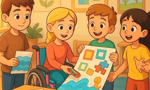 Są cztery dzieci: Filip (ok. 9 lat), krótko brązowe włosy, trzyma kartkę z niebieskimi falami, stoi lekko po lewej; Lena (ok. 9 lat), długie blond włosy w warkoczu, siedzi na różowo-turkusowym wózku inwalidzkim i podaje pudełko kredek Filipowi; Bartek (ok. 9 lat), jasnobrązowe włosy, uśmiechnięty, po prawej, trzyma małe kolorowe puzzle; Zosia (ok. 8 lat), czarne włosy w kucykach, ekspresyjna, nieco z przodu po prawej, gestykuluje jak podczas opowiadania zabawnego wierszyka. Akcja w jasnej, przytulnej klasie z kremowymi ścianami, kolorowymi plakatami i dużym oknem po lewej; na jasnym drewnianym stole kartki, kredki i części puzzli, obok kącik z roślinami i niebieskim dywanem. Główny punkt to duży plakat, na którym widać fale Filipа, kolorowe ramki Leny, przyklejone elementy puzzla Bartka i krótki rym Zosi — atmosfera życzliwości, uśmiechów i wspólnej pracy.