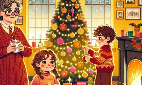 A 7-year-old boy, Tommy, with curly brown hair and sparkling green eyes, stands at the center of the scene, a big smile lighting up his face as he decorates a Christmas tree with colorful ornaments, reaching for a shiny red bauble. Next to him, a 6-year-old girl, Mia, with braided blonde hair and rosy cheeks, hangs a golden star on top of the tree, laughing joyfully with bright eyes. In the background, a woman in her fifties, Miss Clara, wearing round glasses and a red wool sweater, watches them with a warm smile, holding a cup of hot chocolate. She stands near a fireplace with gently dancing flames, adding warmth to the room. The setting is inside an orphanage, Sunny Acres, with bright yellow walls, colorful paper garlands hanging, and a large decorated Christmas tree in the corner. Snowflakes gently fall outside, visible through the windows, creating a magical atmosphere. The main scene shows Tommy and Mia, filled with joy and excitement, preparing for a Christmas celebration, surrounded by laughter and camaraderie, while Miss Clara encourages them tenderly.