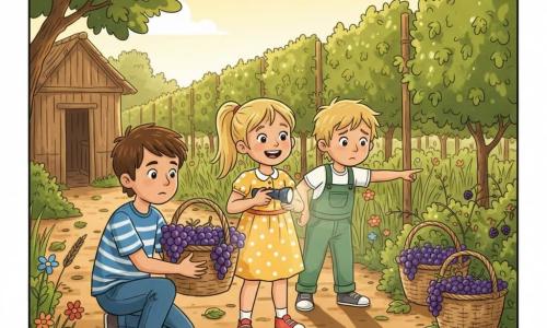 Ci sono tre bambini: Tommaso, 10 anni, capelli castani corti, maglietta a righe blu e bianca e jeans, accucciato a sinistra mentre solleva un cesto di vimini pieno di uva viola; Giulia, 10 anni, capelli lunghi raccolti in coda, vestito giallo a pois bianchi e sneakers rosse, in piedi a destra sorridente, con una piccola torcia che indica il cesto; Alessio, 9 anni, capelli biondi spettinati e salopette verde, dietro i due, imbarazzato, indicando un cespuglio di rovi dove si vedono altri due cesti. Ambientazione: un vigneto mattutino con filari di viti verdi, erba alta e fiori selvatici, una piccola capanna di canne e un grande fico a sinistra, luce dorata e ombre lunghe, terreno terroso con foglie. Situazione: i tre scoprono tre cesti di vimini nascosti dietro la capanna, con uva brillante e qualche mora, espressioni di sollievo e sorpresa; composizione centrata sull'apertura di un cesto, colori caldi e contrasti netti, forme semplici.