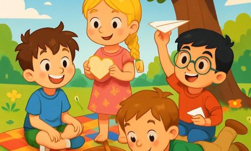Hay 4 niños: - Marco: un niño de 8 años, con el cabello castaño despeinado y ojos brillantes. Lleva una camiseta azul y un pantalón corto verde, sentado sobre una gran manta de colores, sonriendo alegremente. - Ana: una niña de 7 años, con cabello largo y rubio trenzado, lleva un vestido rosa con flores. Está de pie junto a Marco, sosteniendo un sándwich en forma de corazón. - Carlos: un niño de 8 años, con cabello negro y gafas redondas. Lleva una camiseta roja y un pantalón corto azul, sentado en la manta, mostrando un avión de papel a sus amigos. - David: un niño de 7 años, con cabello castaño y pecas. Lleva una camiseta verde y un pantalón beige, acostado sobre su vientre, buscando piedras de colores en la hierba. El lugar es un jardín soleado, lleno de flores brillantes y árboles verdes. La sombra de un majestuoso roble ofrece un rincón perfecto para el picnic. La manta colorida está extendida sobre la suave hierba, rodeada de risas y alegría. La escena principal muestra a los niños compartiendo un picnic alegre, riendo juntos mientras buscan piedras de colores en la hierba. Marco, a pesar de su enfermedad, está rodeado de amigos que lo animan y se divierten, creando un momento de felicidad y camaradería.