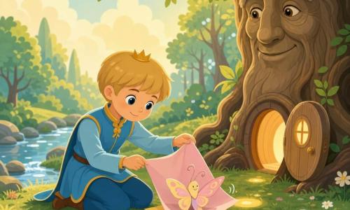 Il principe, un bambino di circa 8 anni con capelli biondi a caschetto, viso tondo e sguardo dolce, è inginocchiato e con delicatezza libera una farfalla di carta intrappolata tra due pagine mentre sfoglia una nuova pagina colorata; indossa una tunica azzurro cielo con piccolo colletto dorato. La farfalla di carta è piccola, ali dipinte con motivi pastello rosa e giallo, parzialmente ripiegate e tremolanti, con un sottile sorriso. Vicino c’è un albero antico con porta rotonda, tronco largo e volto scolpito che osserva dalla destra, porta piccola aperta e illuminata. Ambientazione: una radura nel Bosco dei Sussurri con erba verde tenera, macchie di luce dorata, un ruscello argentato a sinistra e nuvole color vaniglia; atmosfera dolce, colori pastello, contrasti netti e forme semplici in stile flat per bambini.